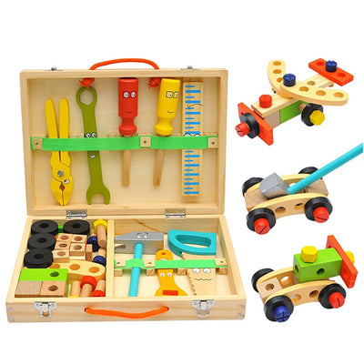 Wooden colored Toolbox Pretend Play Set, Simulation Repair Carpenter Tool
